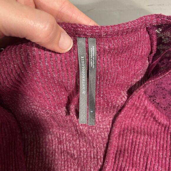 Anthropologie Surplice Ribbed Sweater Lace Sleeve Shirt Plum Pullover Size Small - Picture 7 of 9